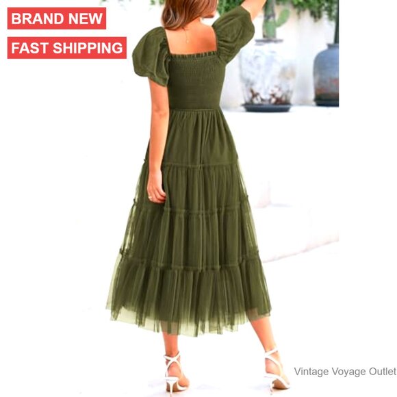 Women's Smocked Midi Tulle Dress Puff Sleeves Square Neck Tiered Ruffle - Picture 2 of 6